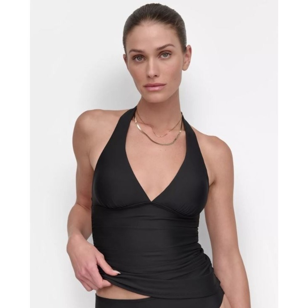 DKNY Women's Halter V-neck Shirred Tankini Top in Black Medium